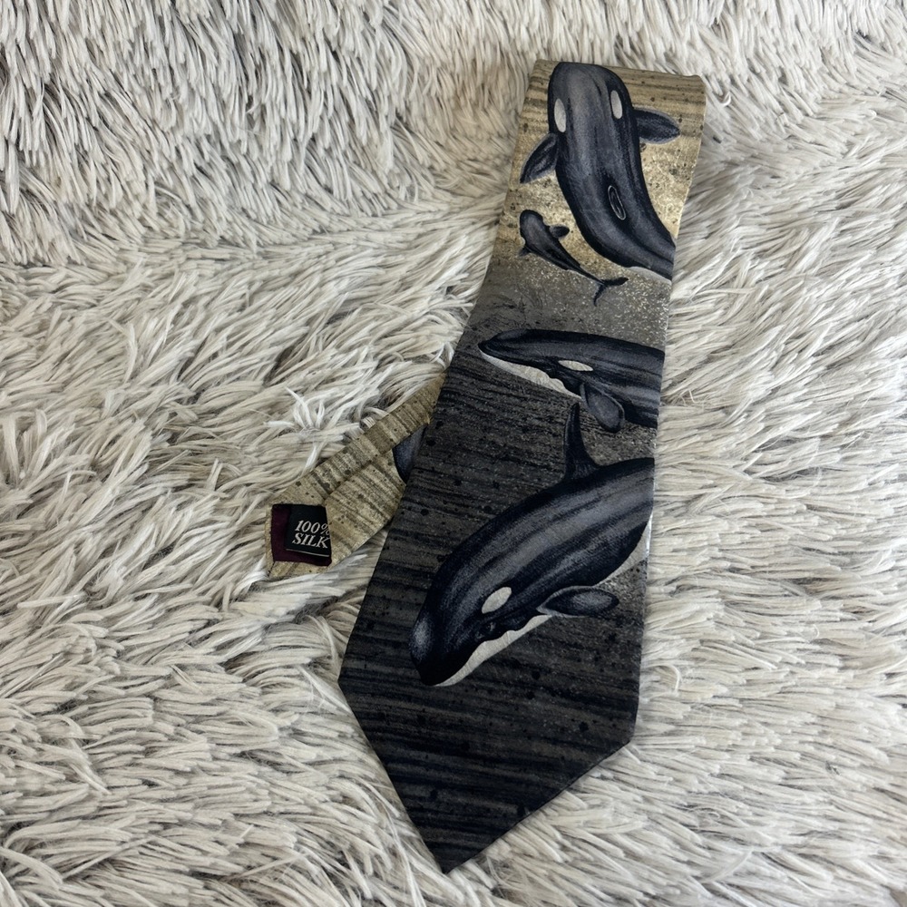 Vintage Endangered Species Orca Killer Whale Ocean Tie Made in USA 100% Silk